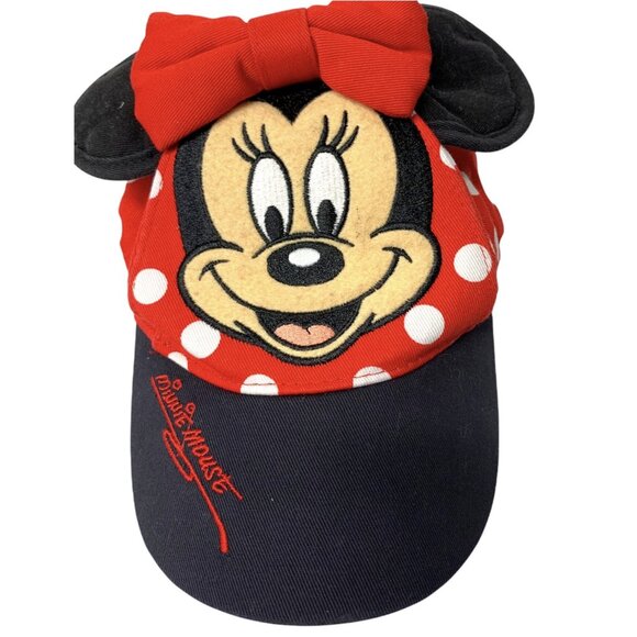 Disney Minnie Mouse Hat Cap Strap Back Red Black Polka Dot Bow Ears Youth Girls - Picture 1 of 4